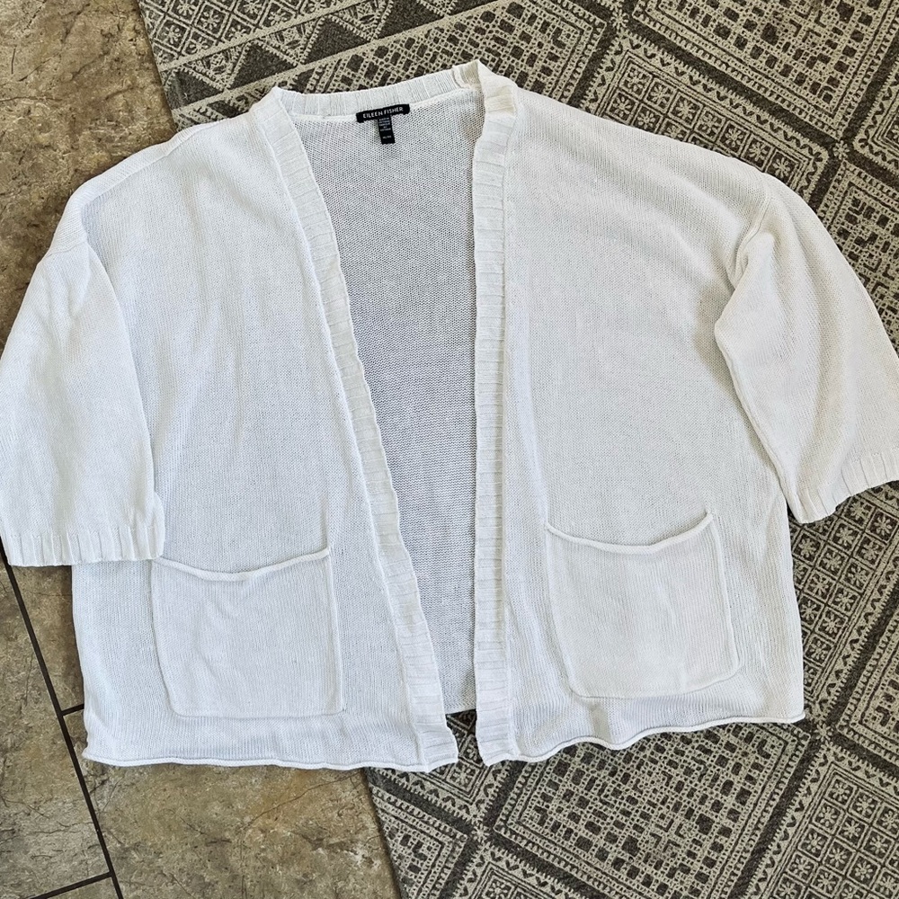 Eileen Fisher Organic Linen Knit White Oversized Cardigan XL Pockets Minimalist